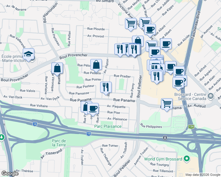 map of restaurants, bars, coffee shops, grocery stores, and more near 6025 Rue Pagé in Brossard