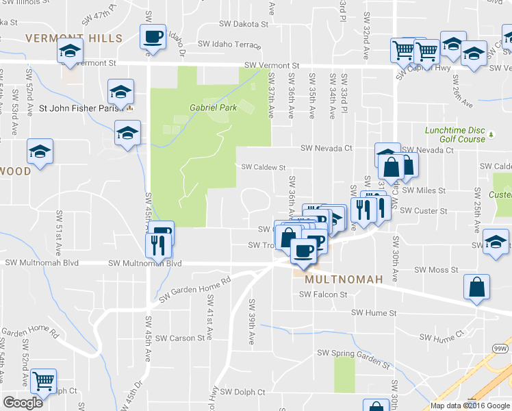 map of restaurants, bars, coffee shops, grocery stores, and more near 3825 Southwest Canby Street in Portland