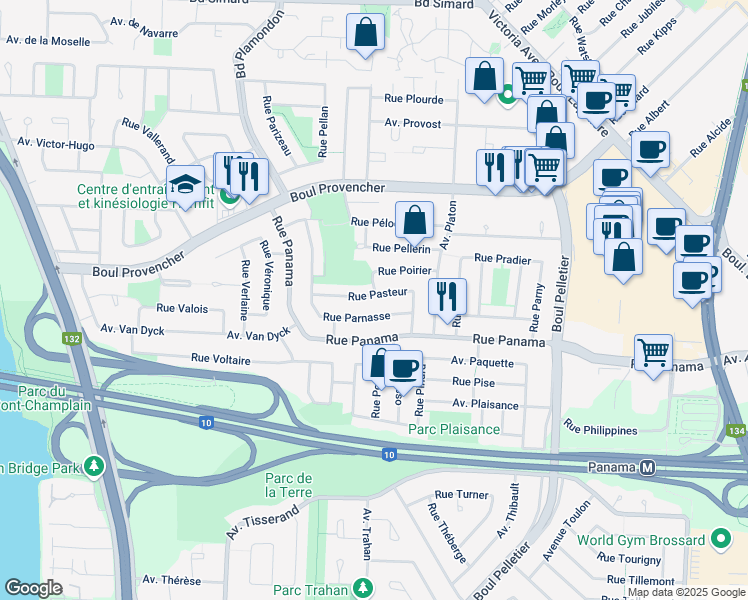 map of restaurants, bars, coffee shops, grocery stores, and more near 1115 Rue Pasteur in Brossard