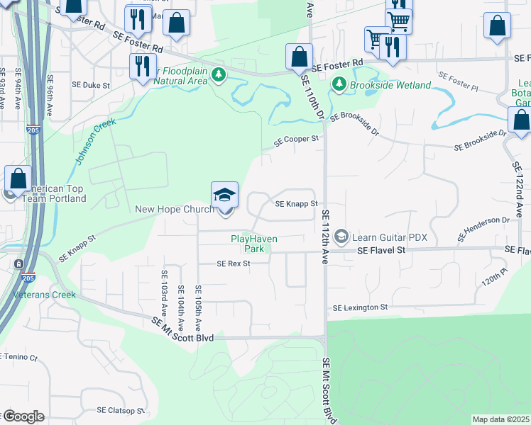 map of restaurants, bars, coffee shops, grocery stores, and more near 10838 Southeast Henderson Drive in Portland