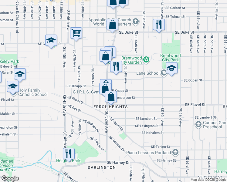 map of restaurants, bars, coffee shops, grocery stores, and more near 5309 Southeast Henderson Street in Portland