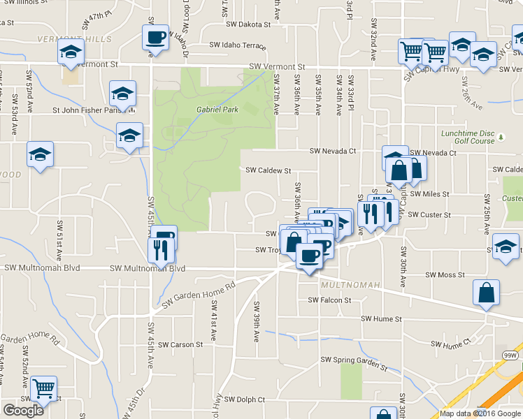 map of restaurants, bars, coffee shops, grocery stores, and more near 3825 Southwest Canby Street in Portland