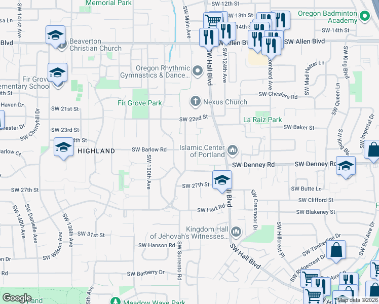 map of restaurants, bars, coffee shops, grocery stores, and more near 6975 Southwest Larkspur Place in Beaverton
