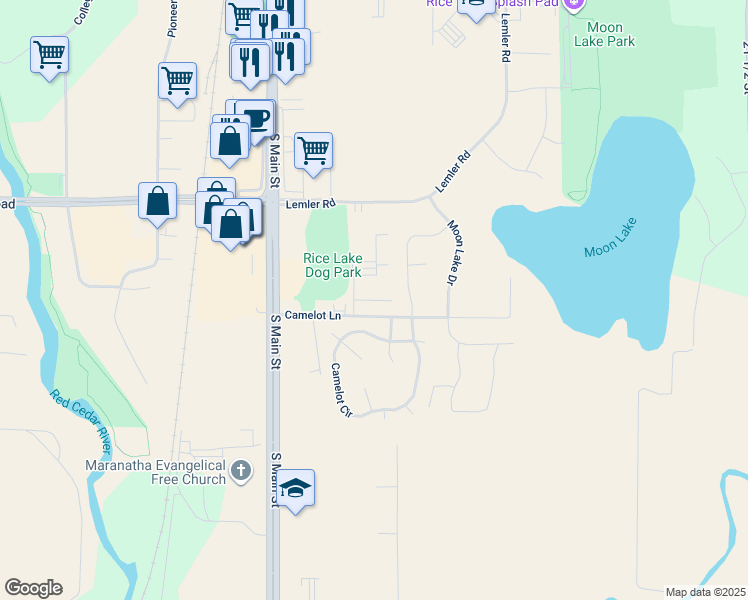 map of restaurants, bars, coffee shops, grocery stores, and more near 3000 Galahad Lane in Rice Lake