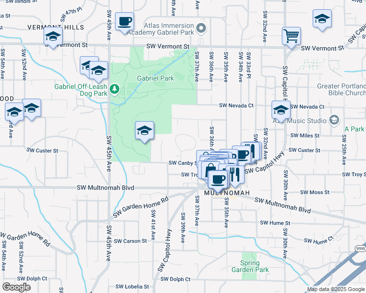 map of restaurants, bars, coffee shops, grocery stores, and more near 3835 Southwest Canby Street in Portland