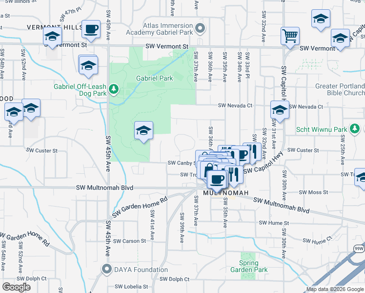 map of restaurants, bars, coffee shops, grocery stores, and more near 3835 Southwest Canby Street in Portland