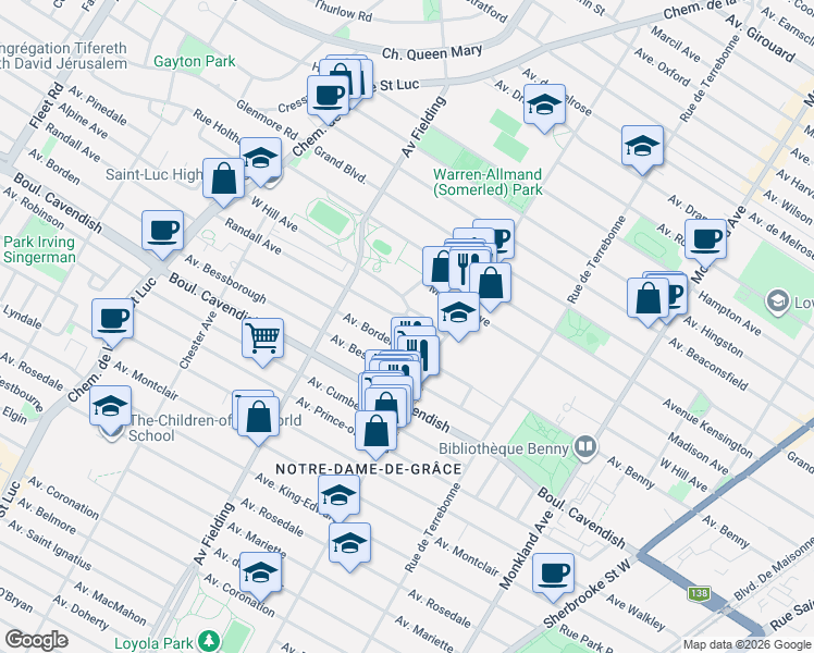 map of restaurants, bars, coffee shops, grocery stores, and more near 4900 Avenue Randall in Montréal