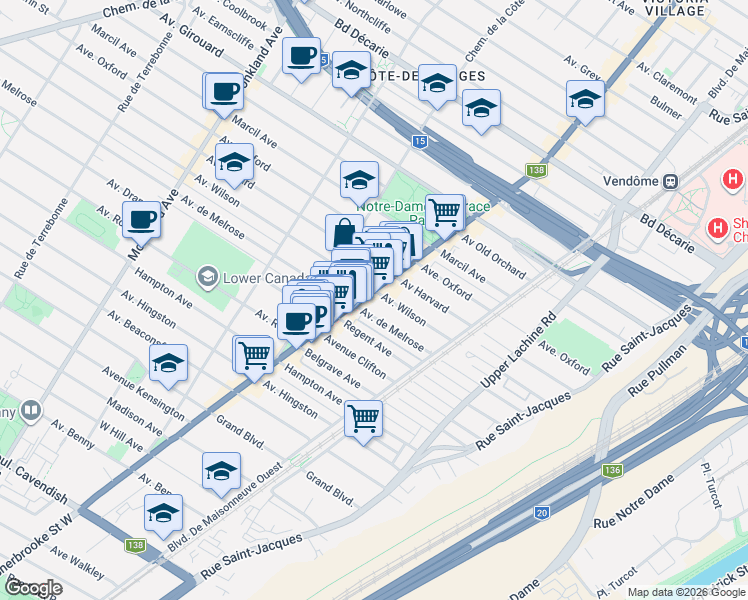 map of restaurants, bars, coffee shops, grocery stores, and more near 5750 Rue Sherbrooke Ouest in Montréal