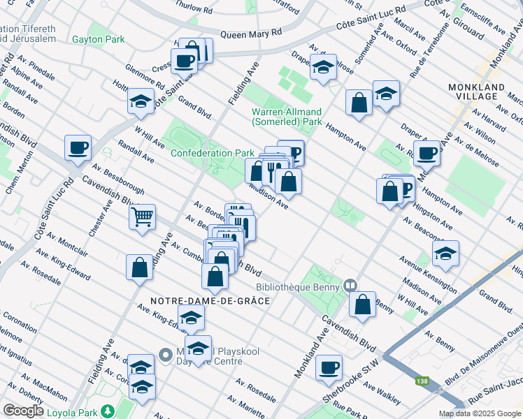 map of restaurants, bars, coffee shops, grocery stores, and more near 6325 Avenue Somerled in Montréal