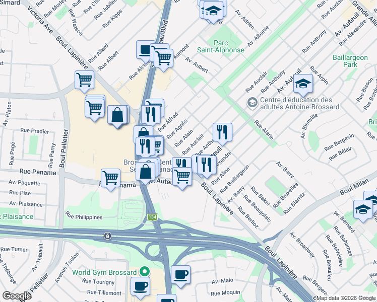 map of restaurants, bars, coffee shops, grocery stores, and more near 6078 Rue Auclair in Brossard