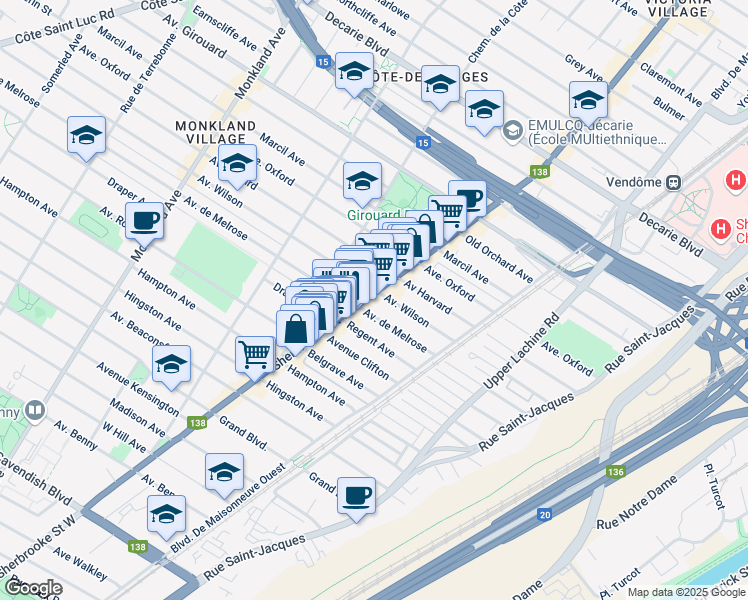 map of restaurants, bars, coffee shops, grocery stores, and more near 5791 Québec 138 in Montréal