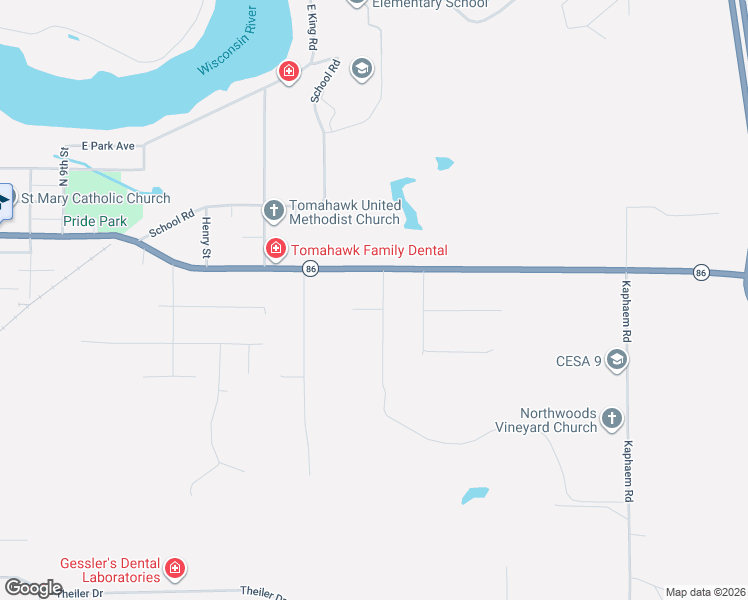 map of restaurants, bars, coffee shops, grocery stores, and more near 107 Cook Circle in Tomahawk