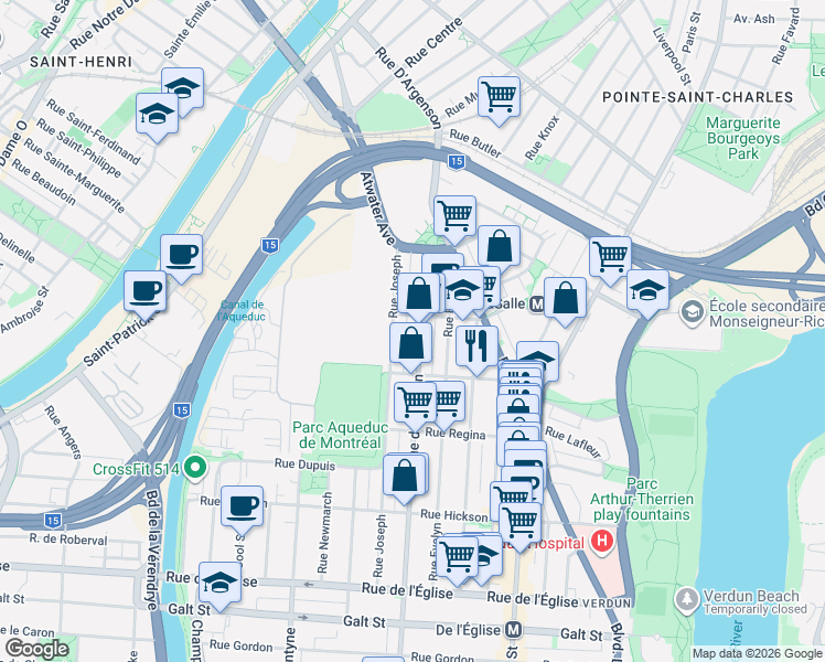 map of restaurants, bars, coffee shops, grocery stores, and more near 3371 Rue de Verdun in Montréal