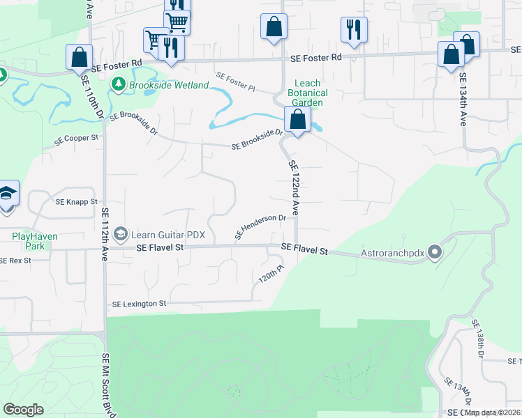map of restaurants, bars, coffee shops, grocery stores, and more near 12122 Southeast Henderson Drive in Portland