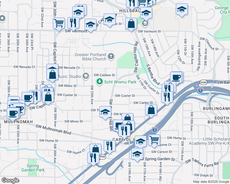 map of restaurants, bars, coffee shops, grocery stores, and more near 7541 Southwest Capitol Hill Road in Portland