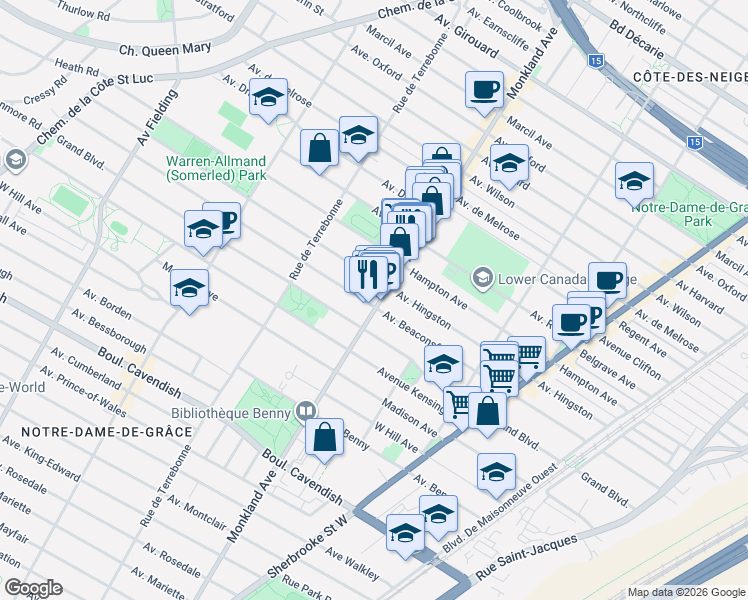 map of restaurants, bars, coffee shops, grocery stores, and more near 6129A Avenue de Monkland in Montréal