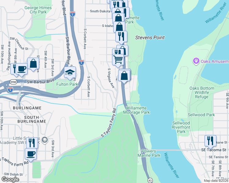 map of restaurants, bars, coffee shops, grocery stores, and more near 7568 South Laview Drive in Portland