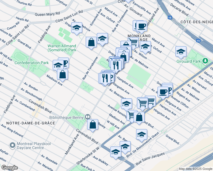map of restaurants, bars, coffee shops, grocery stores, and more near in Montreal