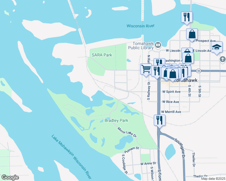 map of restaurants, bars, coffee shops, grocery stores, and more near 310 Marinette Street in Tomahawk
