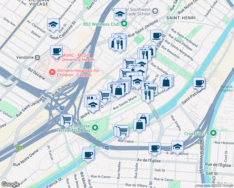 map of restaurants, bars, coffee shops, grocery stores, and more near in Montreal