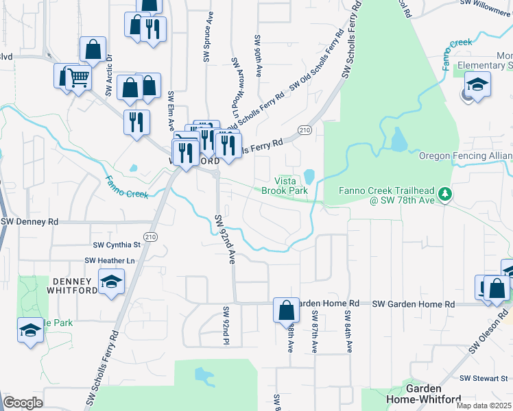 map of restaurants, bars, coffee shops, grocery stores, and more near 8890 Southwest Oak Lane in Portland