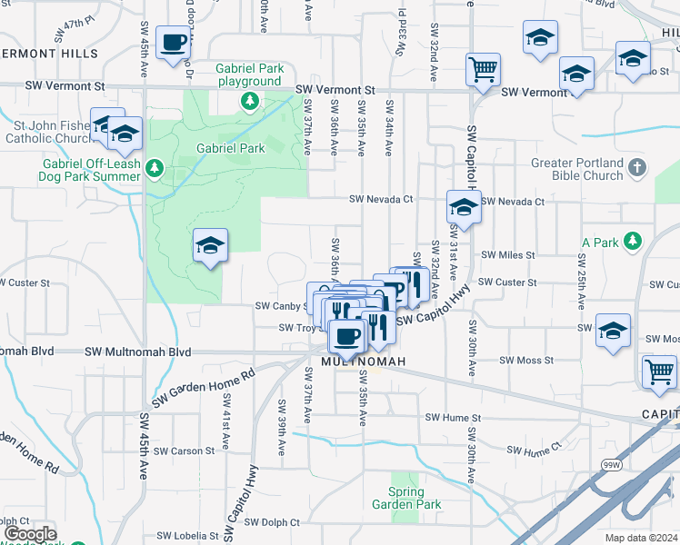map of restaurants, bars, coffee shops, grocery stores, and more near 7518 Southwest 36th Avenue in Portland