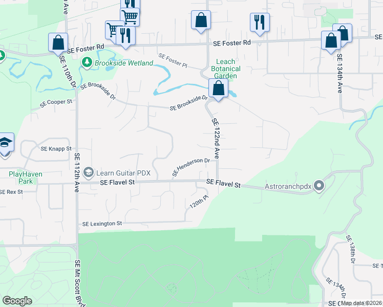 map of restaurants, bars, coffee shops, grocery stores, and more near 12122 Southeast Henderson Drive in Portland