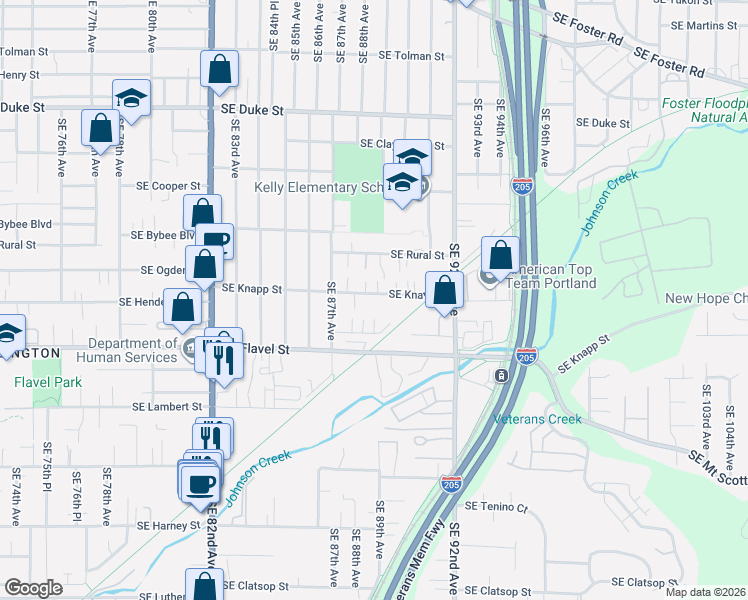 map of restaurants, bars, coffee shops, grocery stores, and more near 8801 Southeast Henderson Street in Portland