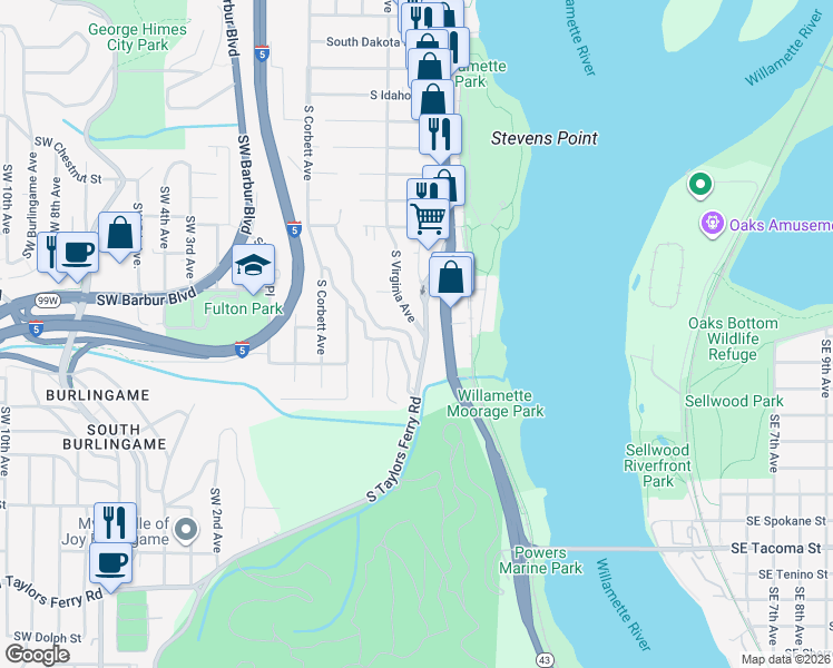 map of restaurants, bars, coffee shops, grocery stores, and more near 7590 South Fulton Park Boulevard in Portland