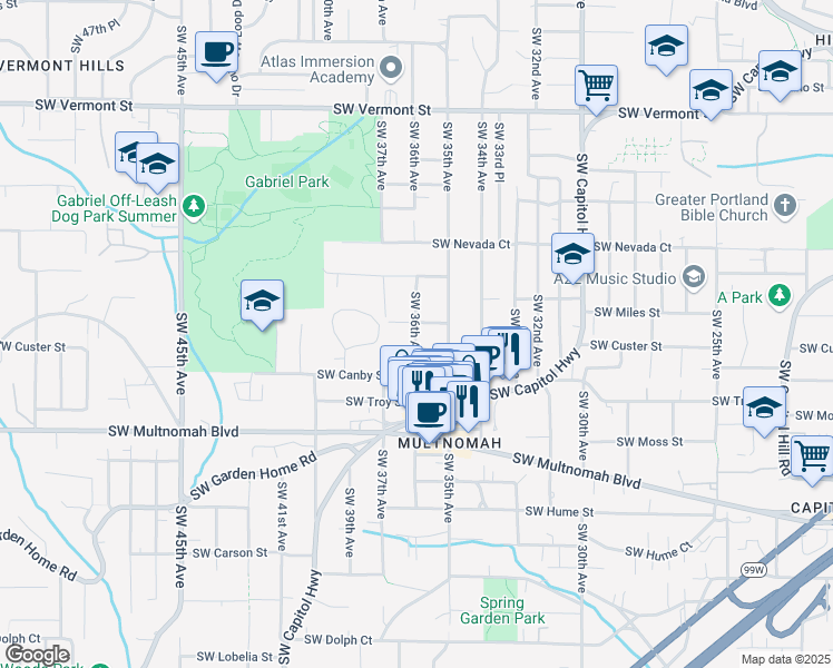map of restaurants, bars, coffee shops, grocery stores, and more near 3526 Southwest Custer Street in Portland