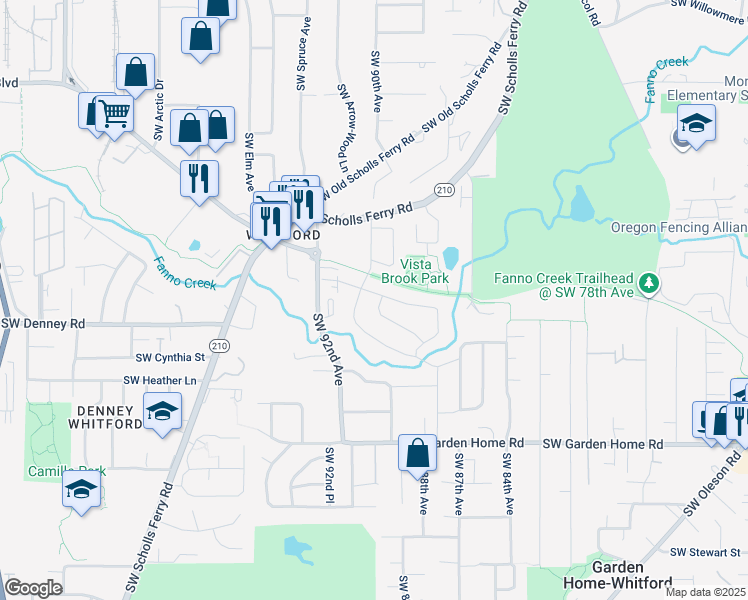 map of restaurants, bars, coffee shops, grocery stores, and more near 8890 Southwest Oak Lane in Portland