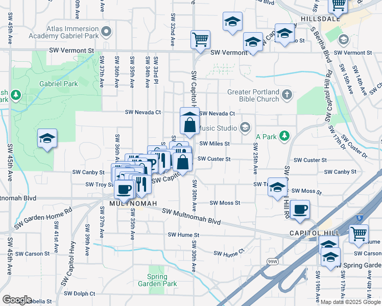 map of restaurants, bars, coffee shops, grocery stores, and more near 7503 Southwest Capitol Highway in Portland