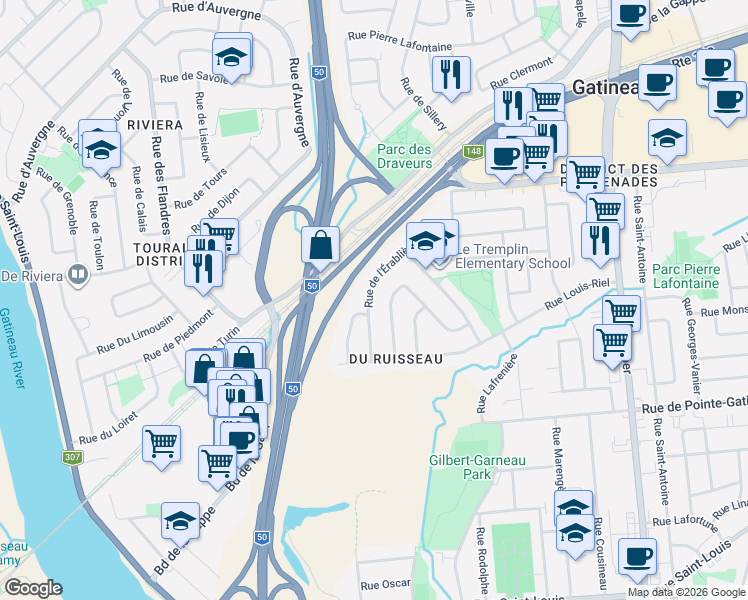 map of restaurants, bars, coffee shops, grocery stores, and more near 77 Rue de l'Érablière in Gatineau
