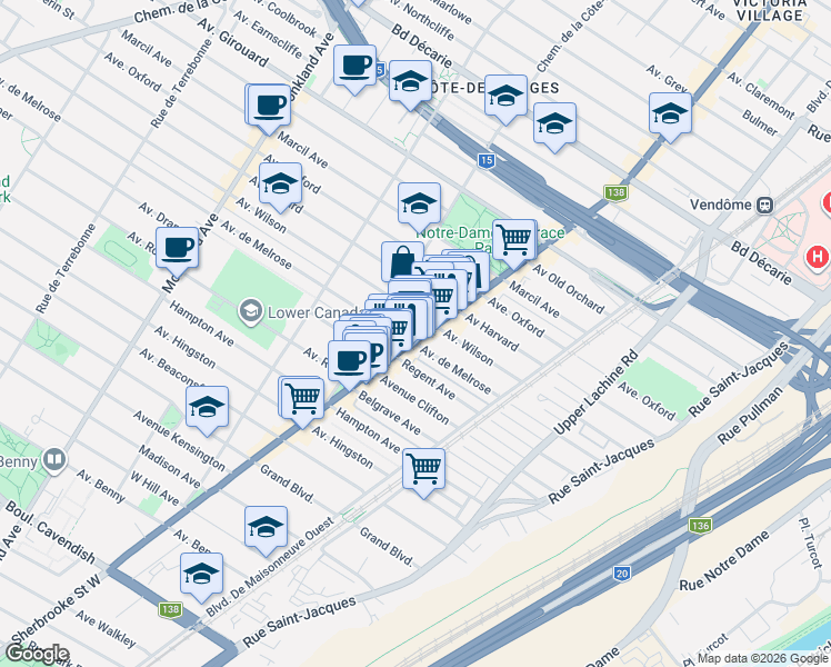 map of restaurants, bars, coffee shops, grocery stores, and more near 5781 Rue Sherbrooke Ouest in Montréal