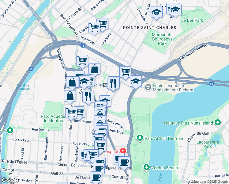 map of restaurants, bars, coffee shops, grocery stores, and more near 3315 Rue Wellington in Montréal