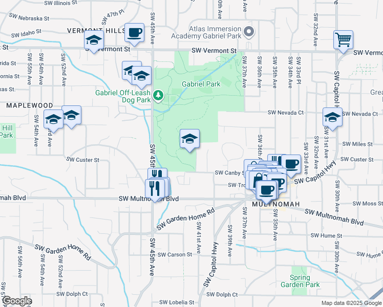 map of restaurants, bars, coffee shops, grocery stores, and more near 4151 Southwest Canby Street in Portland