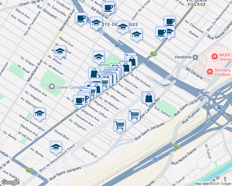 map of restaurants, bars, coffee shops, grocery stores, and more near 2278 Avenue Harvard in Montréal