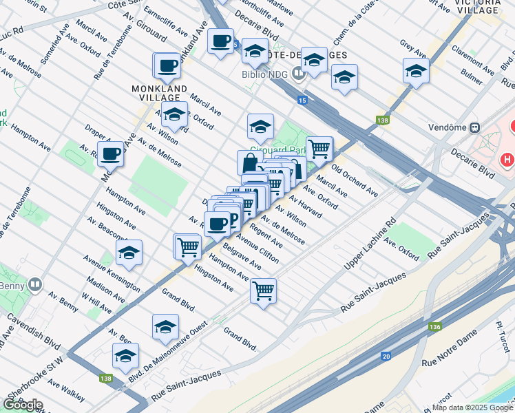 map of restaurants, bars, coffee shops, grocery stores, and more near 5781 Rue Sherbrooke Ouest in Montréal