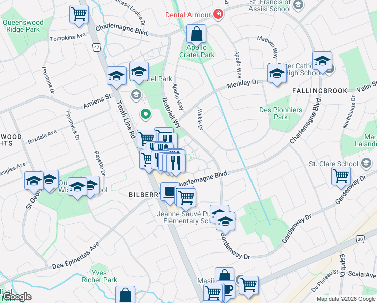 map of restaurants, bars, coffee shops, grocery stores, and more near 1760 Cabaret Lane in Ottawa
