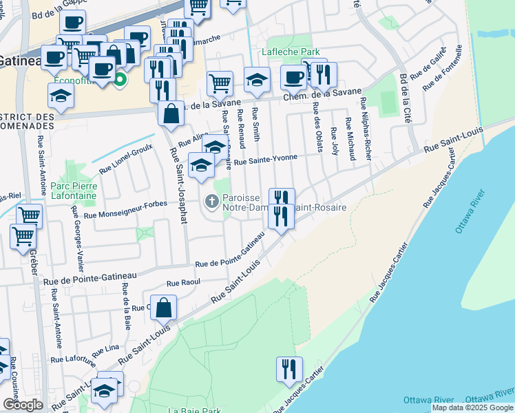 map of restaurants, bars, coffee shops, grocery stores, and more near 12 Rue Smith in Gatineau
