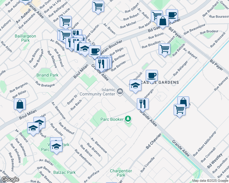 map of restaurants, bars, coffee shops, grocery stores, and more near 5855 Grande Allée in Brossard
