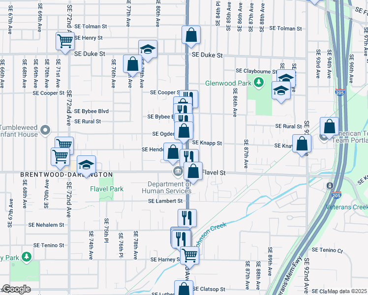 map of restaurants, bars, coffee shops, grocery stores, and more near 7451 Southeast 82nd Avenue in Portland
