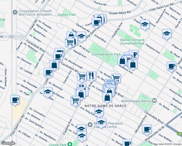 map of restaurants, bars, coffee shops, grocery stores, and more near 5132 Avenue Bessborough in Montreal