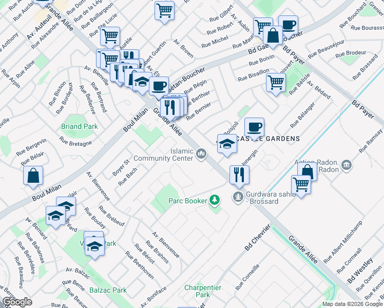 map of restaurants, bars, coffee shops, grocery stores, and more near 5855 Grande Allée in Brossard