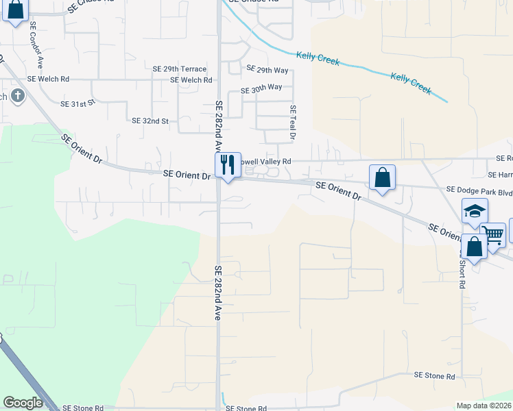 map of restaurants, bars, coffee shops, grocery stores, and more near 7234 Southeast 282nd Avenue in Gresham