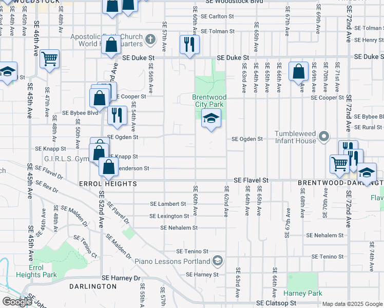 map of restaurants, bars, coffee shops, grocery stores, and more near 5933 Southeast Knapp Street in Portland