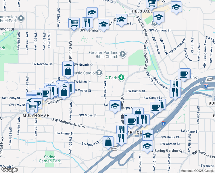 map of restaurants, bars, coffee shops, grocery stores, and more near 2329 Southwest Canby Court in Portland