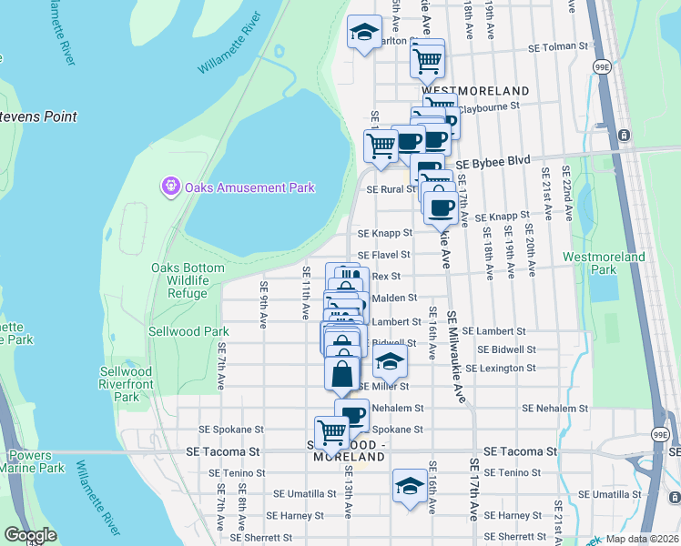 map of restaurants, bars, coffee shops, grocery stores, and more near 1221 Southeast Malden Street in Portland