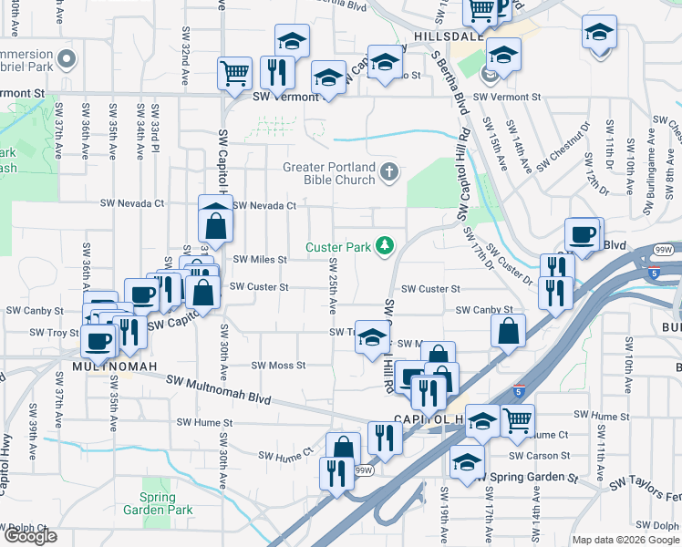 map of restaurants, bars, coffee shops, grocery stores, and more near 2329 Southwest Canby Court in Portland