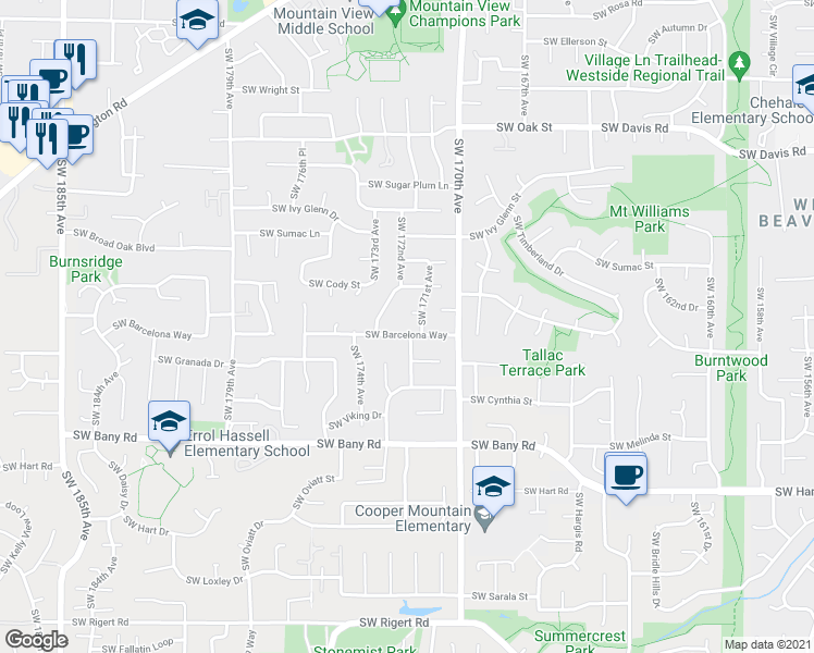 map of restaurants, bars, coffee shops, grocery stores, and more near 6960 Southwest 173rd Avenue in Aloha